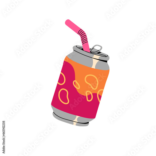 Soda can sticker. Carbonated drink in aluminium bottle with straw. Fizzy beverage with bubbles. Cold tonic with tube, aerated sweet water. Flat isolated vector illustration on white background