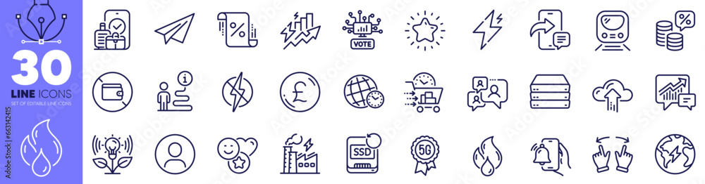 Alarm clock, Servers and Paper plane line icons pack. Electricity factory, Cloud upload, Phone message web icon. Smile, Incubator, Metro pictogram. Recovery ssd, Support, Antistatic. Vector Alarm clock, Servers and Paper plane line icons pack. Electricity factory, Cloud upload, Phone message web icon. Smile, Incubator, Metro pictogram. Recovery ssd, Support, Antistatic. Vector