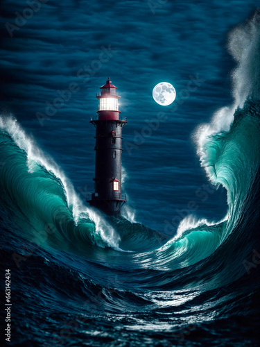 Lighthouse visible through big waves on a moonlit night at midnight. rough sea waves, storm, beacon, moon and lighthouse