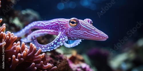 a image beautiful giant squid around very beautiful coral reef, AI Generative © Horsi