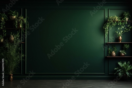 Empty room with plants on a dark green wall. Generative AI