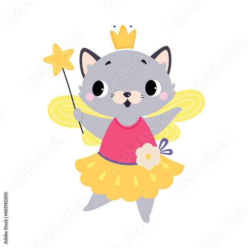 Cat Animal Fairy in Pretty Dress with Magic Wand and Wings Vector Illustration