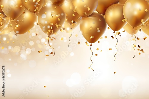 Elegant celebration background featuring a burst of joyous confetti and luxurious gold balloons