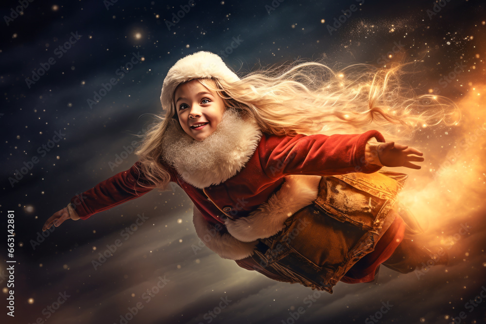 little girl flying in clouds in Santa costume in dreams. Christmas fairytale. Christmas time little girl flying in clouds in Santa costume in dreams. Christmas fairytale. Christmas time
