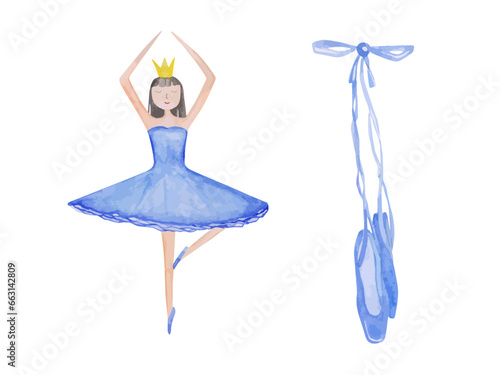 A ballerina and shoes are isolated on a white background. Watercolor ballet character in a blue dress. Cute young girl. Pretty princess from nutcracker ballet. Beautiful dancer.
