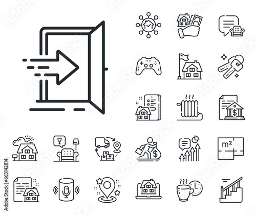 Entry door sign. Floor plan, stairs and lounge room outline icons. Entrance line icon. Building exit symbol. Entrance line sign. House mortgage, sell building icon. Real estate. Vector