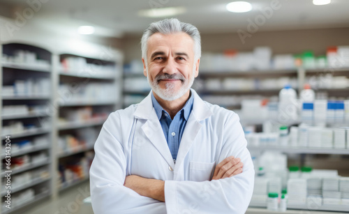 Portrait of a smiling confident male pharmacist working in a pharmacy. Standing with arms crossed in the drugstore. 