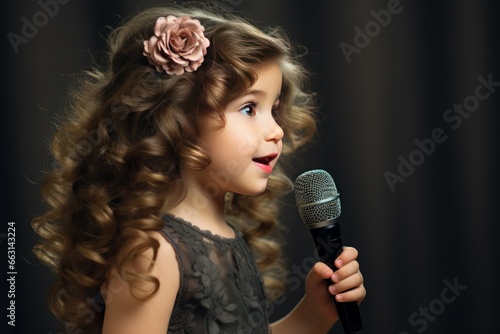 Artistic little girl with microphone party music. Portrait adorable infant vocalist. Generate Ai