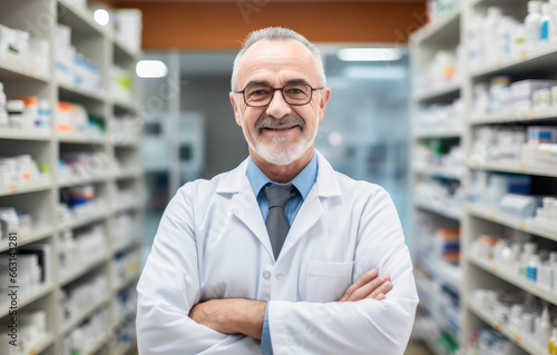 Portrait of a smiling confident male pharmacist working in a pharmacy. Standing with arms crossed in the drugstore. 