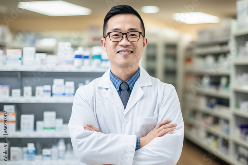 Portrait of a smiling confident male pharmacist working in a pharmacy. Standing with arms crossed in the drugstore. 