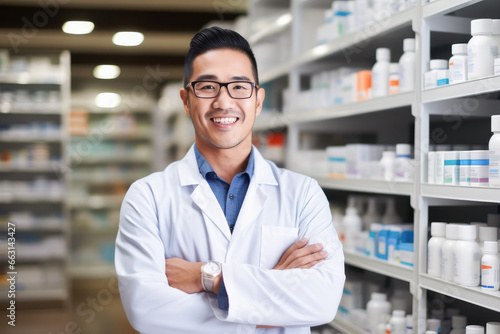 Portrait of a smiling confident male pharmacist working in a pharmacy. Standing with arms crossed in the drugstore. 