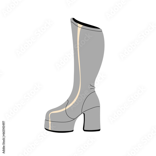 Retro sparkling boot. Vintage glittering high heel footgear. Funky shining footwear. Fashionable outfit, glam look. 80s fashion, 90s style. Flat isolated vector illustration on white background