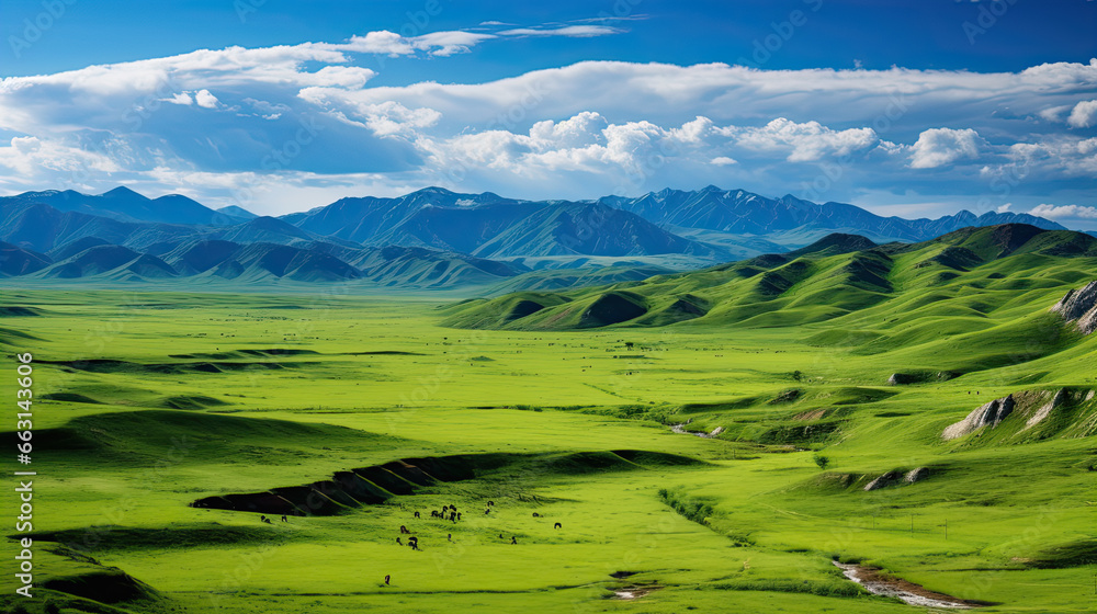 Sweeping vista landscape of the Assy Plateau, a large mountain steppe valley and summer pasture 100km from Almaty, Kazakhstan.