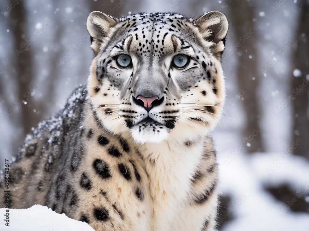 Big white snow leopard in the forest at winter. Generative Ai Big white snow leopard in the forest at winter. Generative Ai