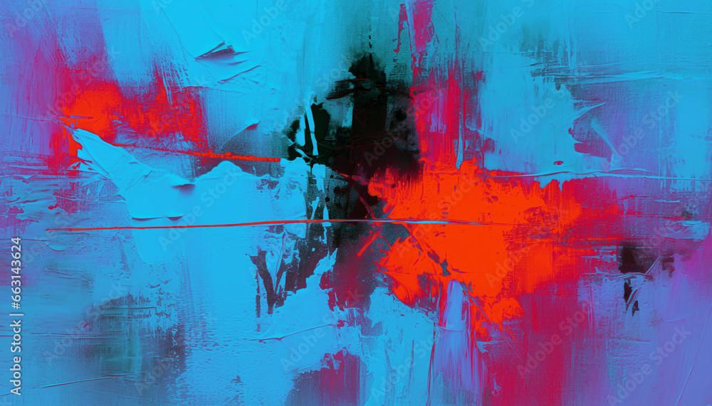 Fototapeta premium Abstract oil painting, neon red, pink, blue brush strokes background, wallpaper, paint texture, bold art, expressive artwork, fine realistic detail, modern style, evoking vibrant emotions, feelings