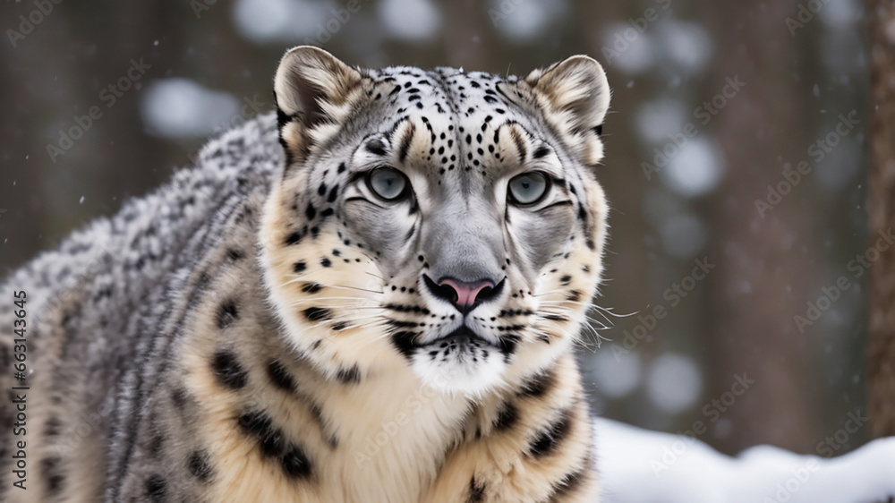 Big white snow leopard in the forest at winter. Generative Ai Big white snow leopard in the forest at winter. Generative Ai
