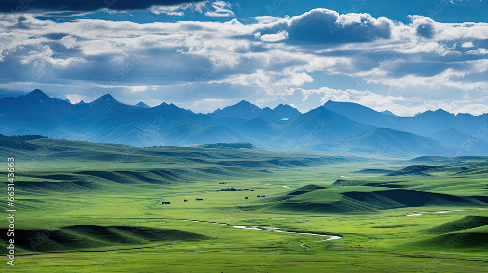 Sweeping vista landscape of the Assy Plateau, a large mountain steppe valley and summer pasture 100km from Almaty, Kazakhstan. - obrazy, fototapety, plakaty 