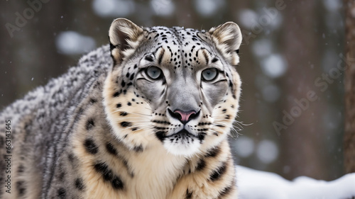Big white snow leopard in the forest at winter. Generative Ai © niki spasov