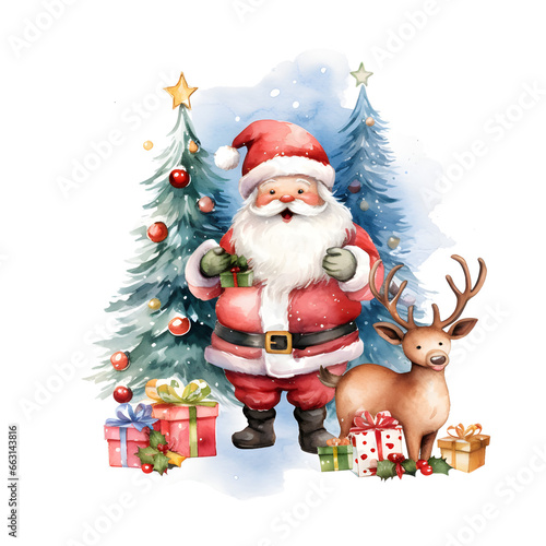 Christmas watercolor painting. Santa Claus, Reindeer, Snowman, Christmas Tree, and Presents. Isolated background.