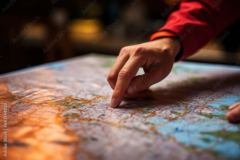 Close up hand is pointing direction to a map on a piece of paper. Generative AI. Close up hand is pointing direction to a map on a piece of paper. Generative AI.