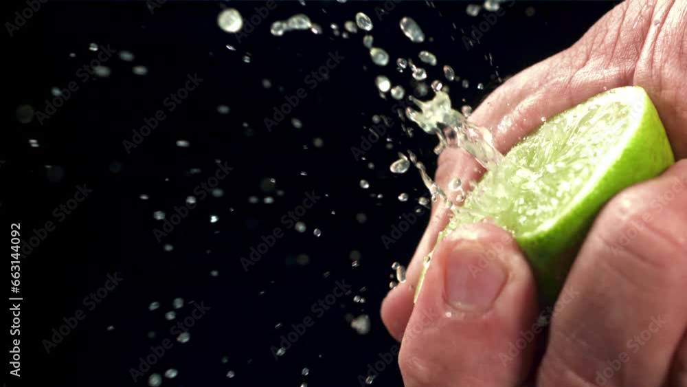Squeezing lime juice with splashes. Filmed on a high-speed camera at 1000 fps. High quality FullHD footage