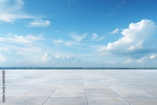 Blue Sky Background Cloud Horizon with Empty Concrete Floor. Generative AI.