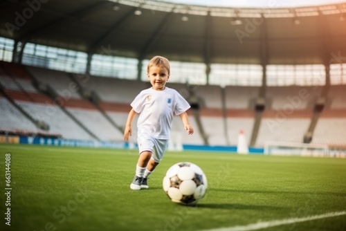 Dribbling small boy plays football in stadium. Generative AI.