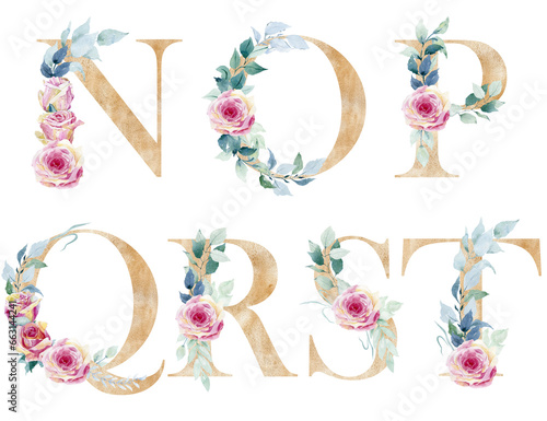 Watercolor floral alphabet for wedding invitations, greeting card, birthday, logo, poster and other.