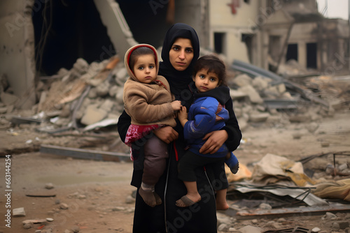 Mother and her two children in destroyed city during war. photo