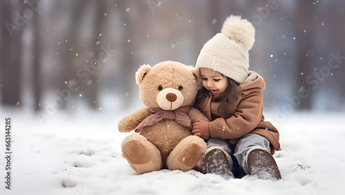 Little girl and toy teddy bear on snow field. Friendship, best friend concept. © May