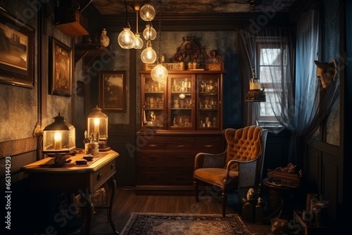 Decor of an old-fashioned room with nostalgic ambiance. Generative AI © Andromeda