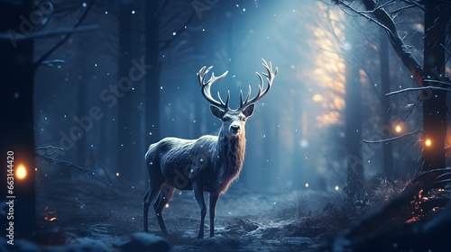 A reindeer in the jungle at winter night