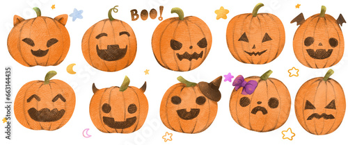 Set of cute spooky elements Halloween pumpkins with face expression illustration watercolor and pencil for children, card, decoration, sticker