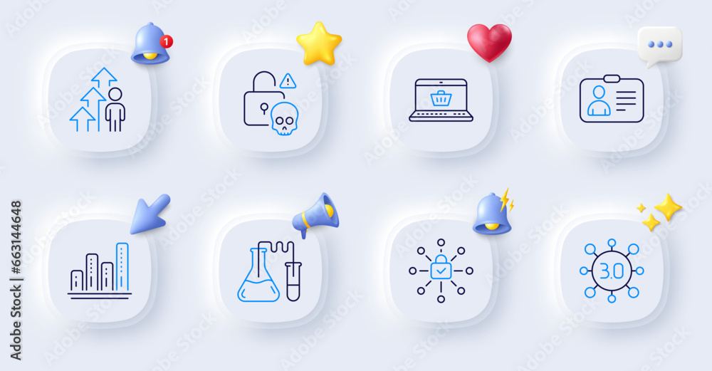 Web3, Employee result and Id card line icons. Buttons with 3d bell, chat speech, cursor. Pack of Chemistry lab, Graph chart, Security lock icon. Cyber attack, Online shopping pictogram. Vector Web3, Employee result and Id card line icons. Buttons with 3d bell, chat speech, cursor. Pack of Chemistry lab, Graph chart, Security lock icon. Cyber attack, Online shopping pictogram. Vector