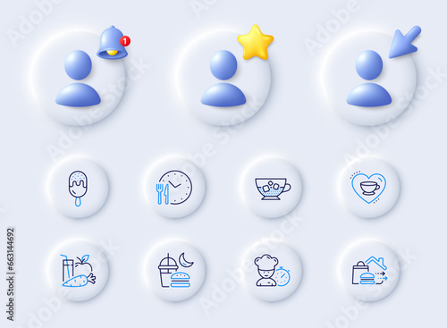 Love coffee, Food delivery and Ice cream line icons. Placeholder with 3d cursor, bell, star. Pack of Food time, Juice, Cold coffee icon. Night eat, Chef pictogram. For web app, printing. Vector