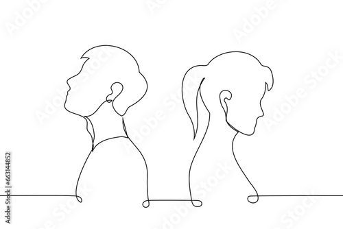 man and woman stand with their backs to each other - one line art vector. concept problems in relationships, conflict of interests, different points of view, disagreements in couple, battle of sexes