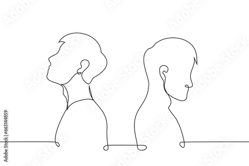 men stand with their backs to each other - one line art vector. concept quarrel between male friends, confrontation, cover from the rear