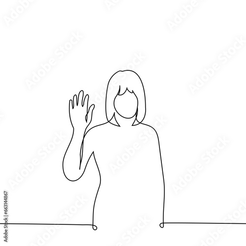 woman stands with her palm raised - one line art vector. concept greet or say goodbye