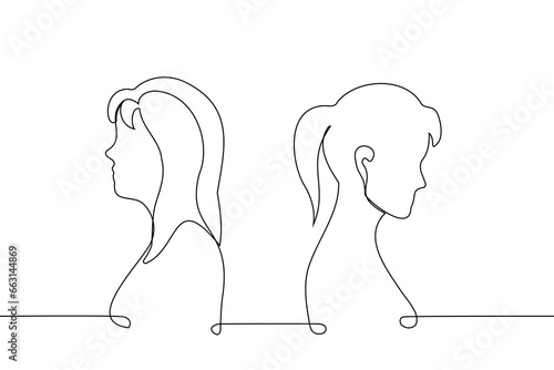 women stand with their backs to each other - one line art vector. concept quarrel between female friends, confrontation, cover from the rear