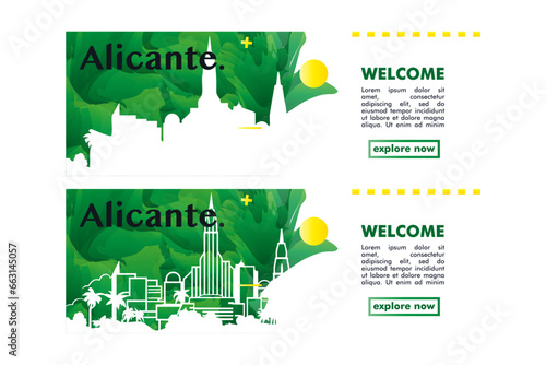 Spain Alicante city banner pack with abstract shapes of skyline, cityscape, landmarks and attractions. Valencian region town travel vector illustration set for brochure, website, page, presentation