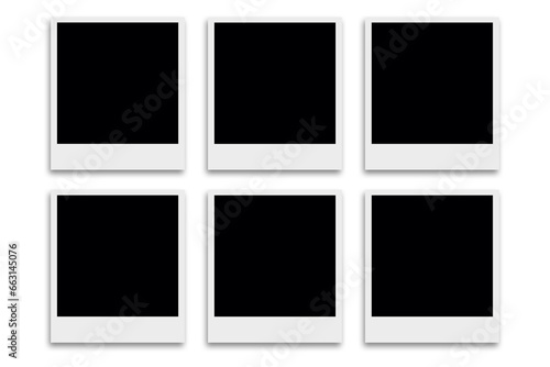 6 Blank square photo frames template with white borders in two rows layout. Used as a printable photo collage or a mock up for album pictures or photographs collection in a classic old style.