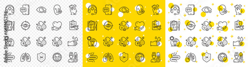 Outline Face detect, Intestine and Medical support line icons pack for web with Folate vitamin, Rubber gloves, Myopia line icon. Lungs, 24 hours, Checklist pictogram icon. Thermometer. Vector