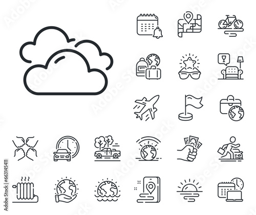 Clouds sign. Plane jet, travel map and baggage claim outline icons. Cloudy weather line icon. Sky symbol. Cloudy weather line sign. Car rental, taxi transport icon. Place location. Vector