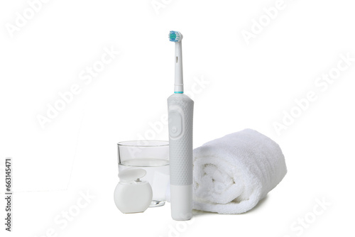 PNG, Electric toothbrush, towel, glass and dental floss, isolated on white background