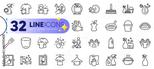 Outline set of Clean hands, Glass and Dirty t-shirt line icons for web with Dry t-shirt, Clean bubbles, Fork thin icon. Dont touch, Washing cloth, Coronavirus spray pictogram icon. Vector