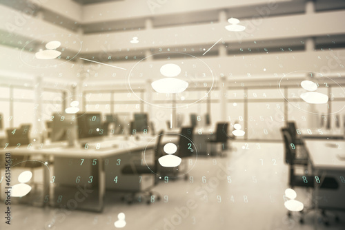 Double exposure of social network icons hologram on a modern furnished office interior background. Networking concept © Pixels Hunter