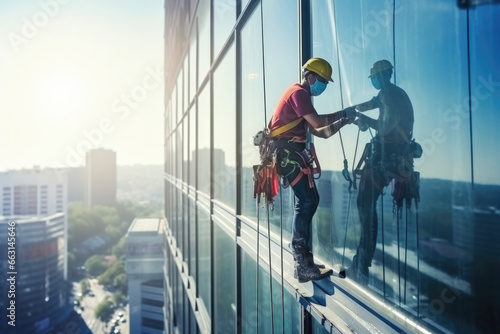 Professional industrial climber in helmet and rubber gloves washes windows on a tall building. photo