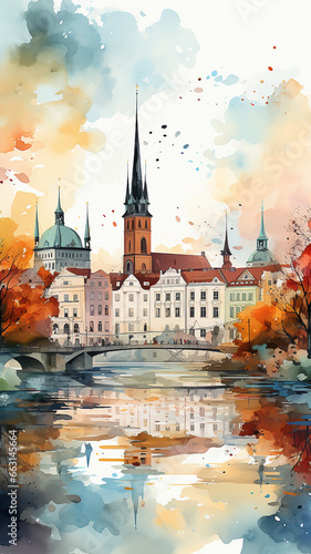 Cityline watercolor painting landscape abstract old european city background white, autumn print poster vertical