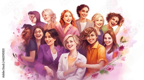 Happy women group for International Women   s day   watercolor style illustration