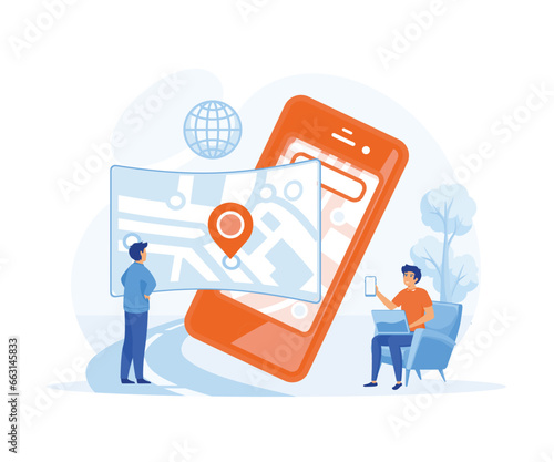Man uses GPS navigator scene. Navigate mapping technology, cartography and geolocation system banner. flat vector modern illustration
